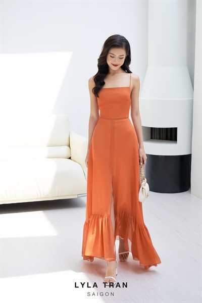 Đầm maxi du lịch trắng/đỏ 2 dây ôm eo xẻ tà (SILKY)