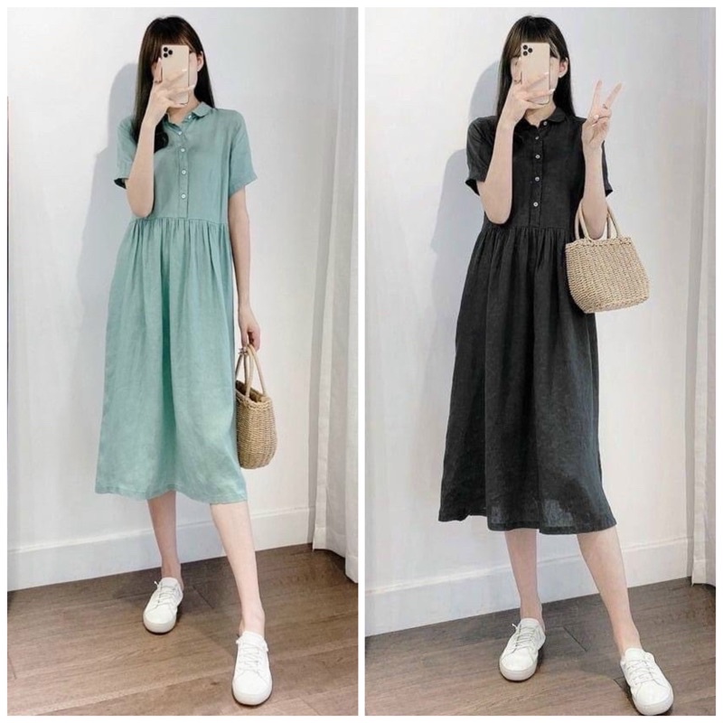 Đầm babydoll nút trắng form dài 2 màu