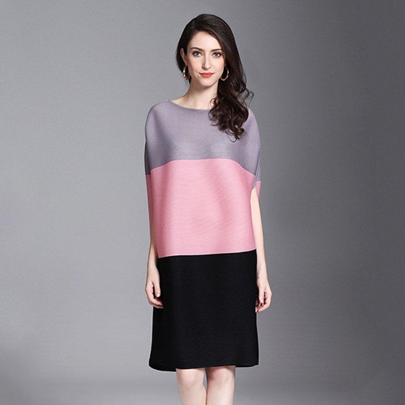 Sz- 2021 mới miyake xếp ly nữ thời trang tất cả trận đấu cổ tròn tay cánh dơi phối màu trung chiều dài đầm