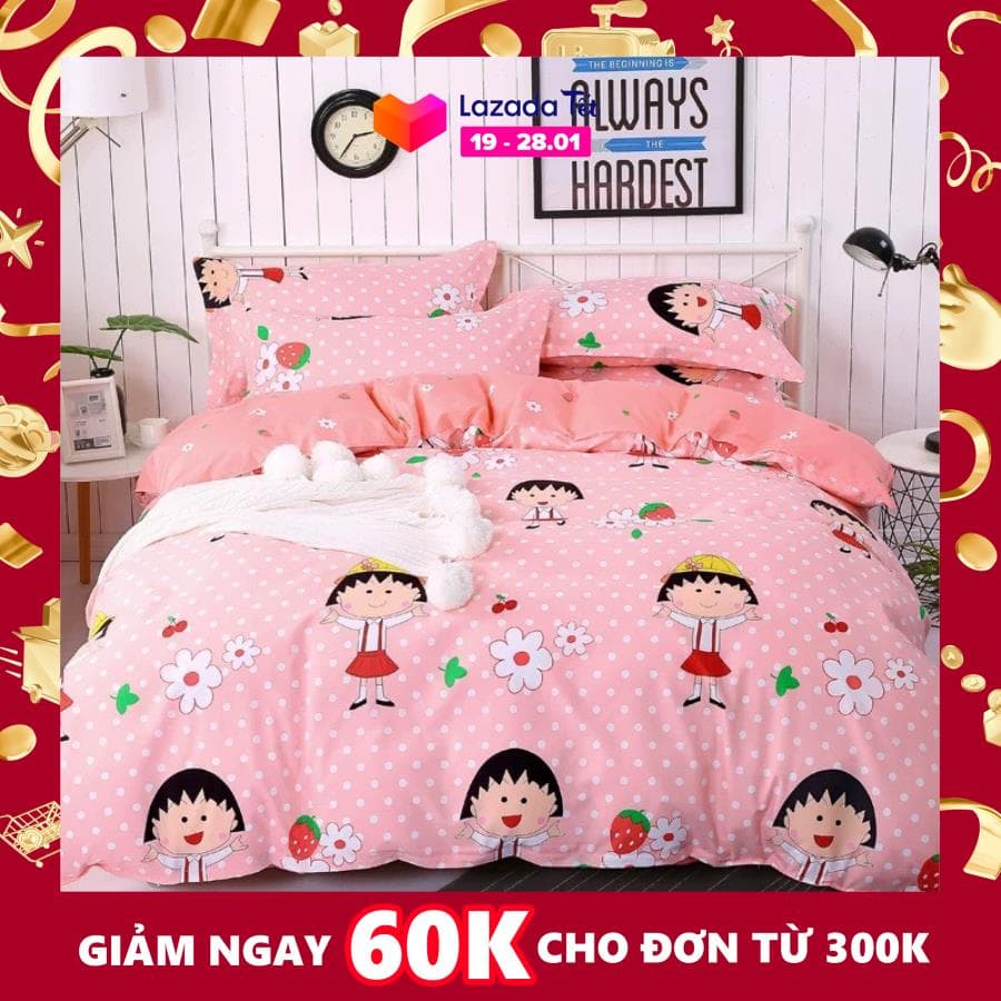 Trọn Bộ 4 Món Chăn Ga Gối Cotton Poly Nhập Mẫu BÉ GÁI HỒNG NHẠT Dễ Thương Cho Bạn Gái