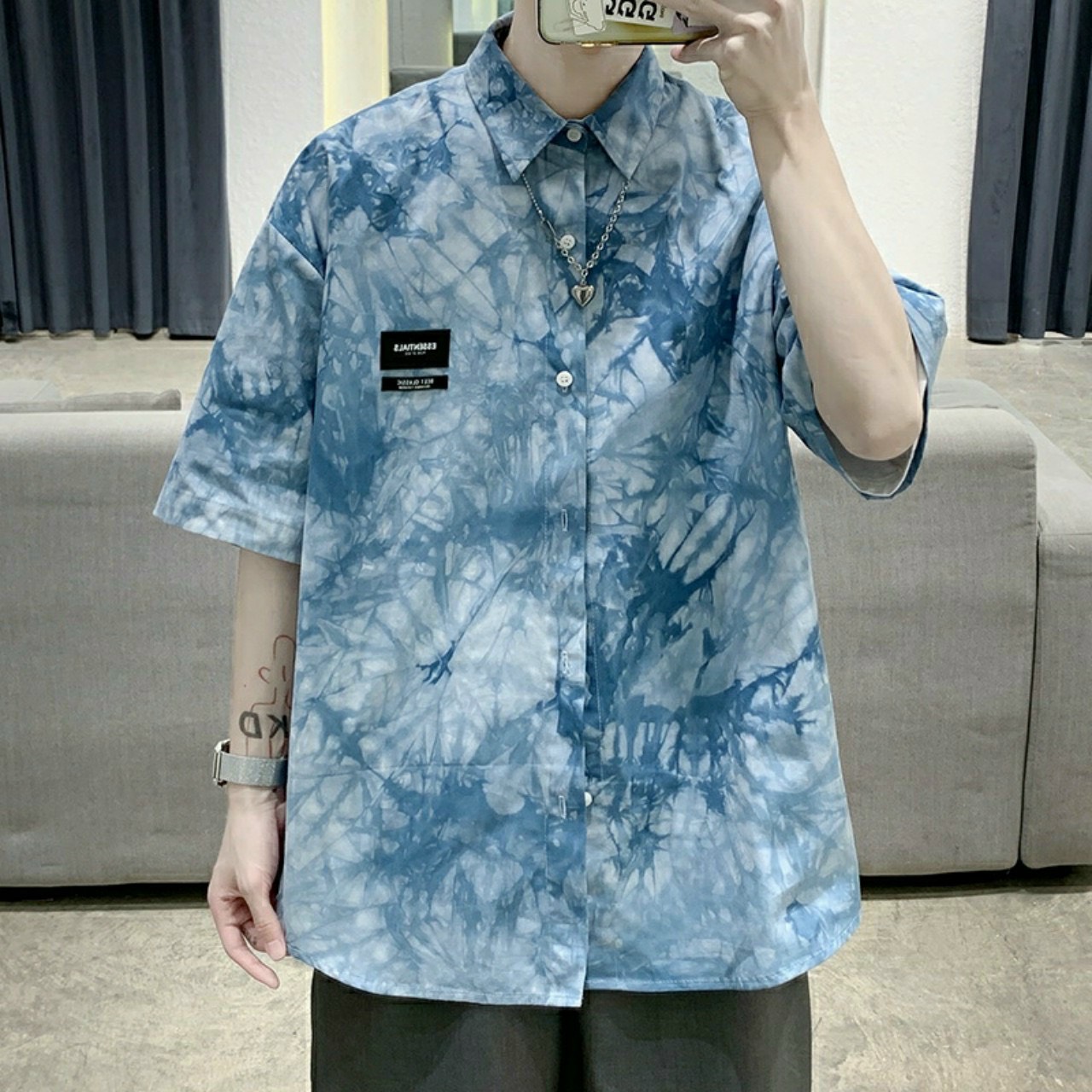 Áo sơ mi nam tay ngắn form rộng họa tiết loang màu hotfrend 2021 chất voan lụa dày mịn thoáng mát