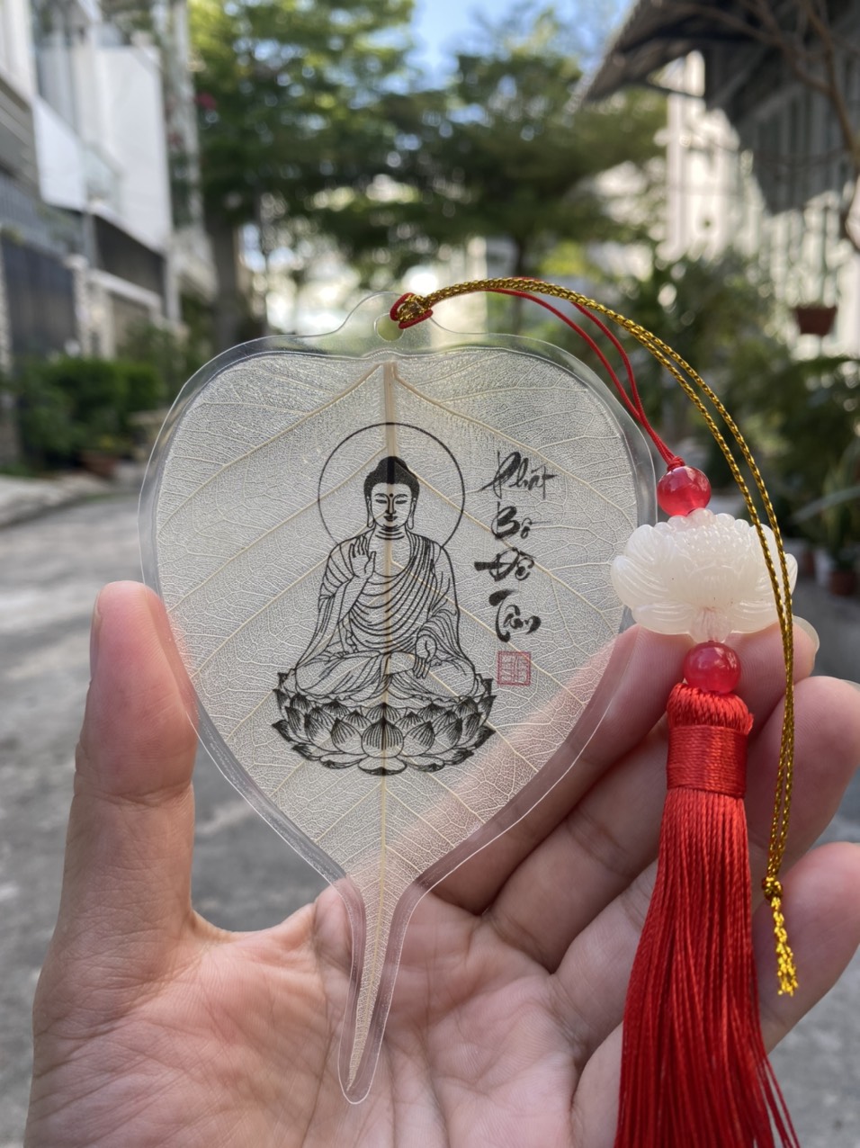 Lá bồ đề in hình phật THÍCH CA + NGỌC BỘI HOẶC TUA RUA ĐỒNG TÂM