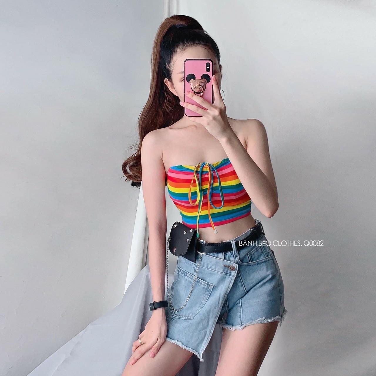 Áo Thun Lụa Form Croptop Phối Màu Cầu Vồng Mặc Được Hai Kiểu Hottrend Của Năm TTS0671