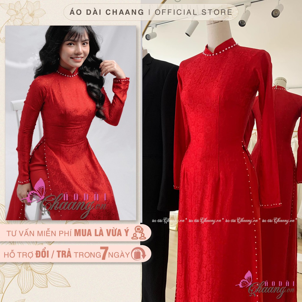 Áo dài gấm nữ_Chaang_May sẵn áo dài đính đá ngọc, dự tiệc cưới sang trọng