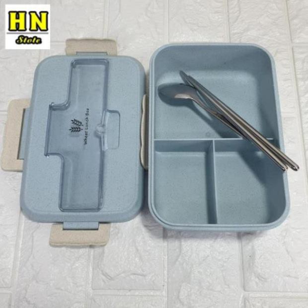 Hộp đựng cơm văn phòng lúa mạch 3 ngăn tặng kèm thìa đũa inox