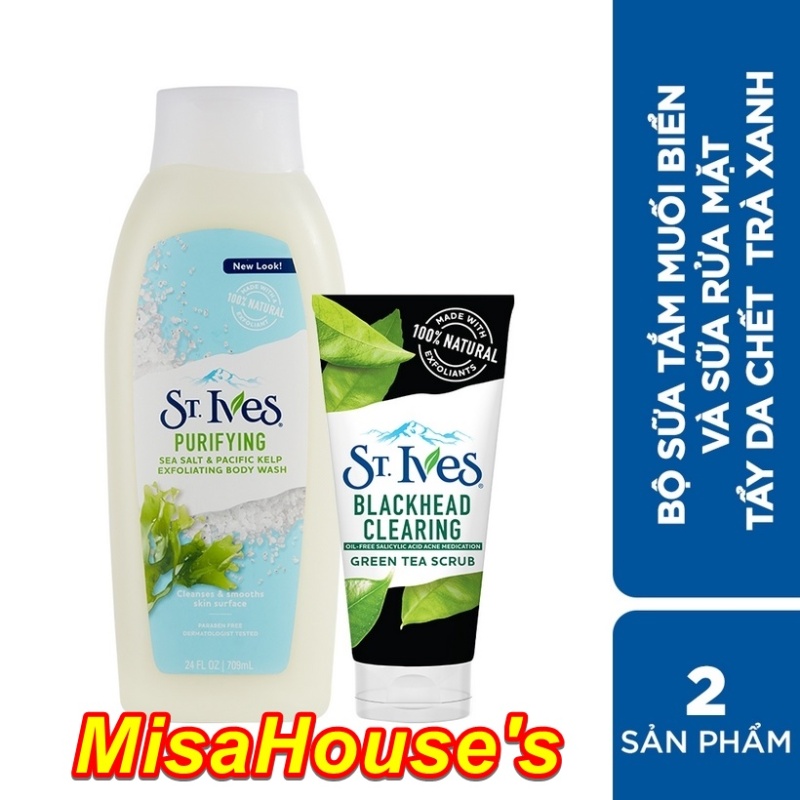 Combo Sữa tắm St.Ives Muối Biển 709ml và Sữa rửa mặt tẩy tế bào da chết St.Ives Trà Xanh 170g nhập khẩu