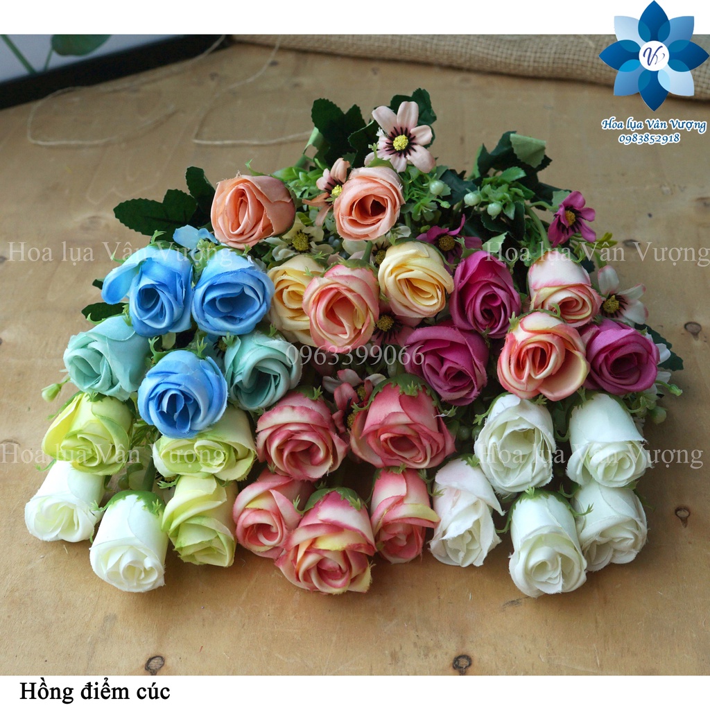 Hoa giả hoa hồng điểm cúc lụa trang trí