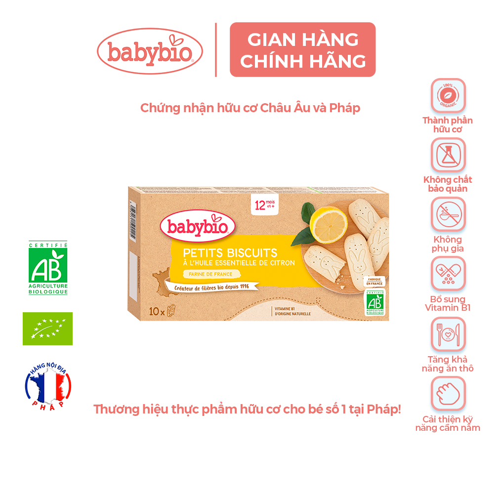 Bánh quy ăn dặm hữu cơ cho bé mới mọc răng vị chanh Babybio 120g từ 12