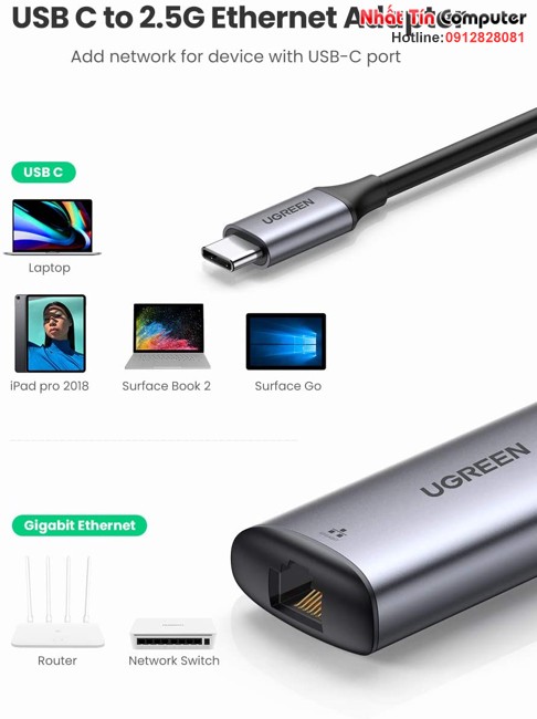 Cáp chuyển USB Type-C to LAN 2.5Gbps Ugreen 70446 Chính Hãng
