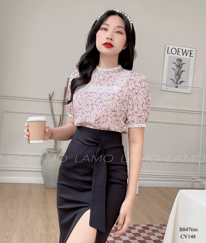 B847 ÁO SƠ MI HOA NHÍ VIỀN REN