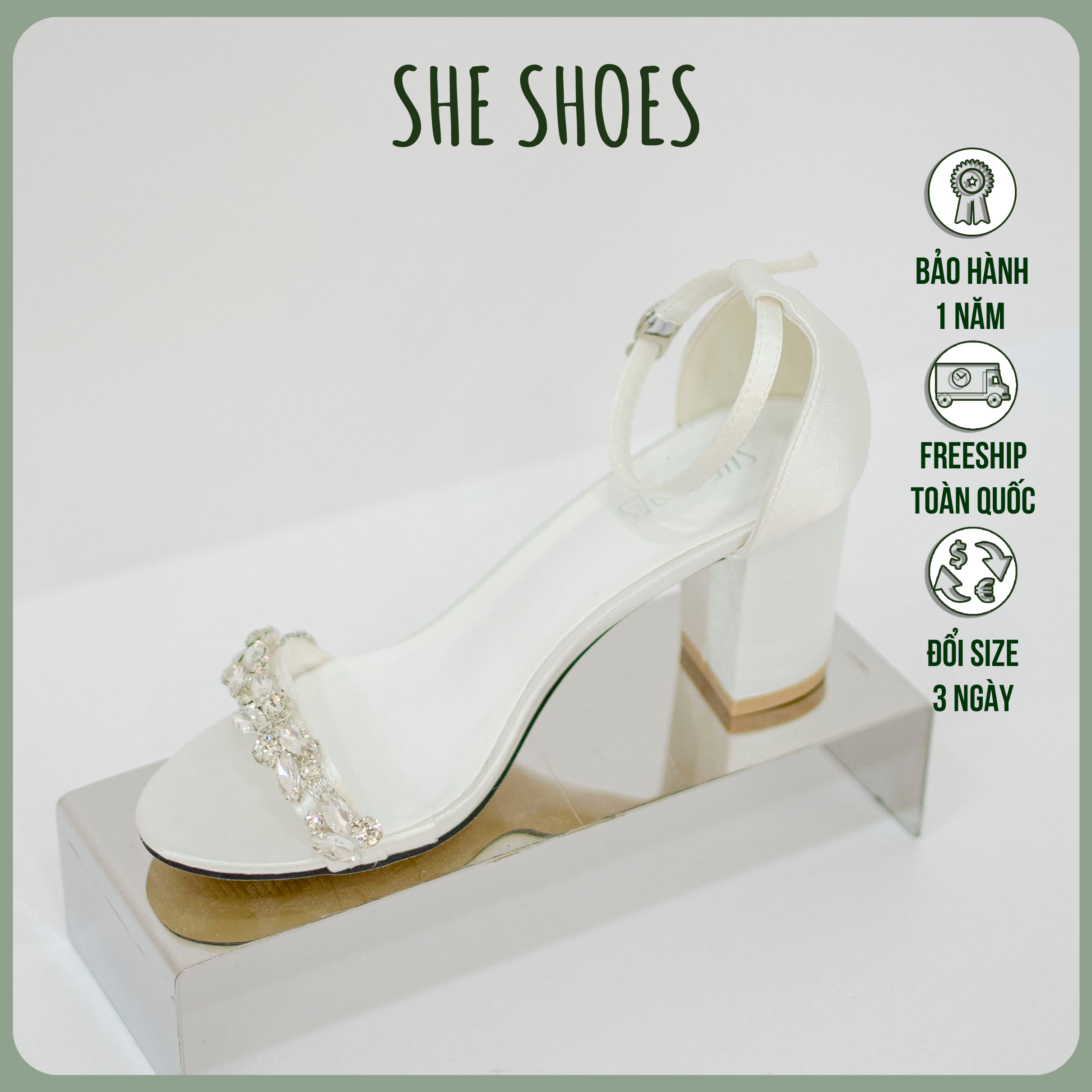 Sandal Giày cưới quai ngang đính đá gót vuông lụa satin cao cấp , độc quyền bởi SHE SHOES - GC07019