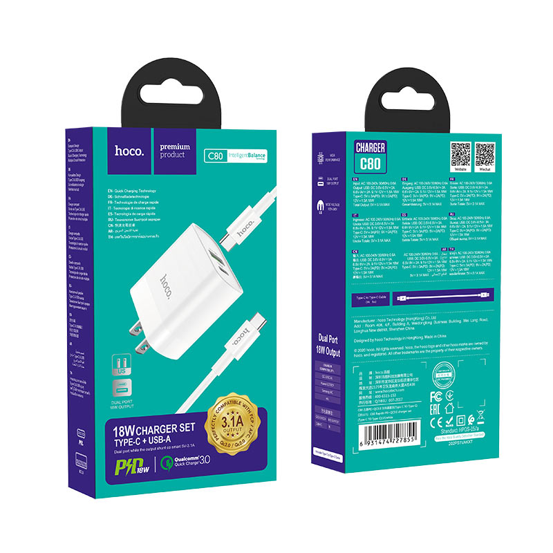 [HCM]Bộ sạc nhanh 20W (cốc+cáp) Hoco C80A cho IphoneAndroid (BH 1 năm)
