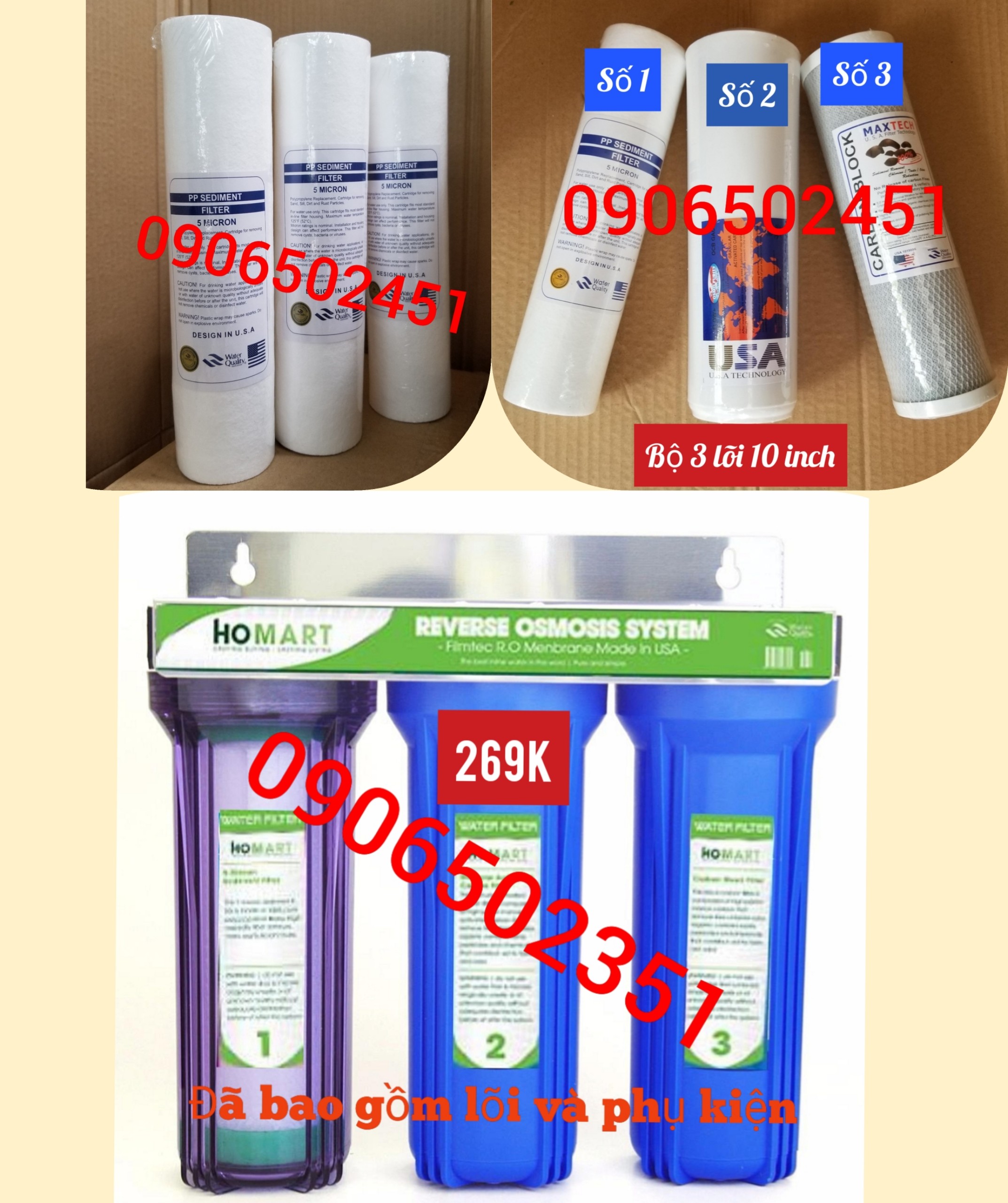 [HCM]Combo Bộ lọc nước sinh hoạt - lọc thô đầu nguồn 3 cấp ly 10 inch + 4 lõi số 1 +1 lõi số 2 +1 lõi số 3