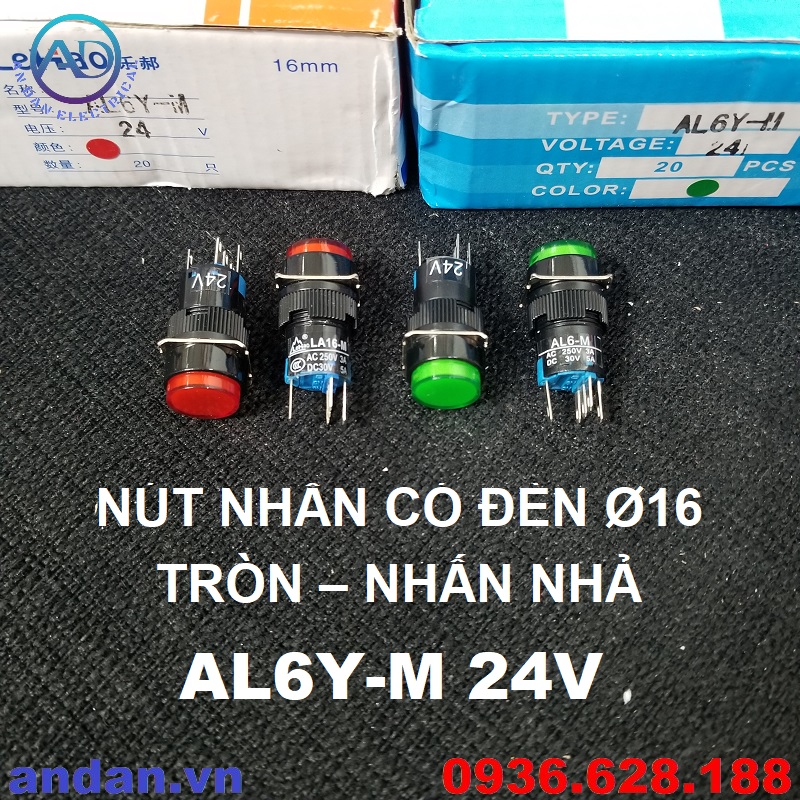 Nút nhấn ấn đề có đèn phi 16mm, tròn nhả al6y-m 220v 24v