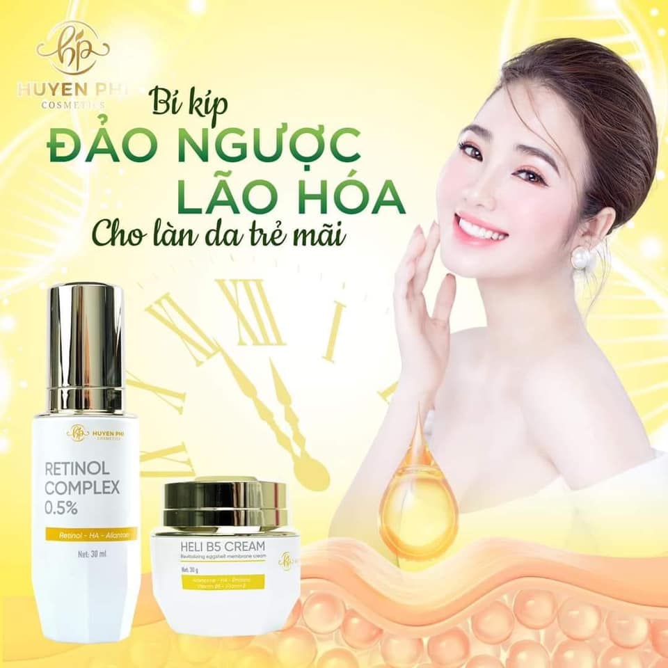 Bộ combo tái sinh Huyền Phi gồm Retinol Huyền Phi Complex 0.5% và Kem phục hồi Heli B5 Huyền Phi