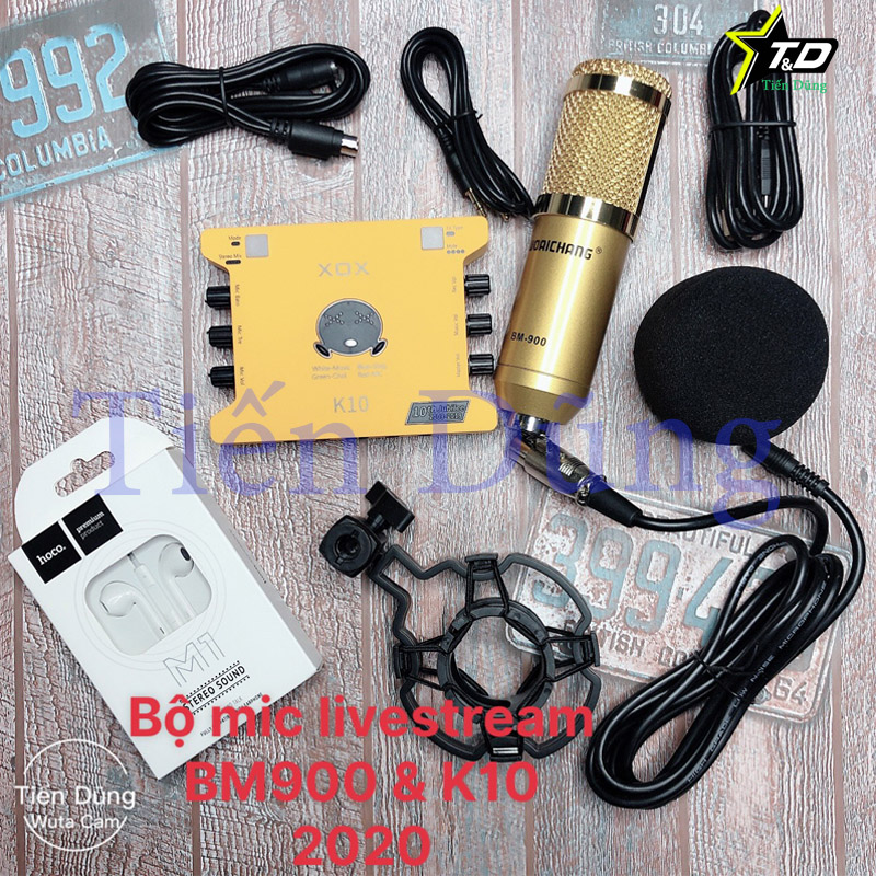 Bộ livestream sound card k10 2020 đi mic thu âm BM900 kèm tai nghe Hoco M1 - Trọn bộ mic thu âm BM900 hay karaoke
