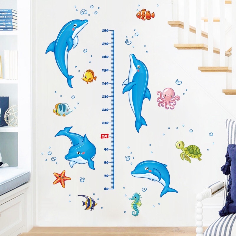 decal dán tường cho bé thước đo và cá heo xanh