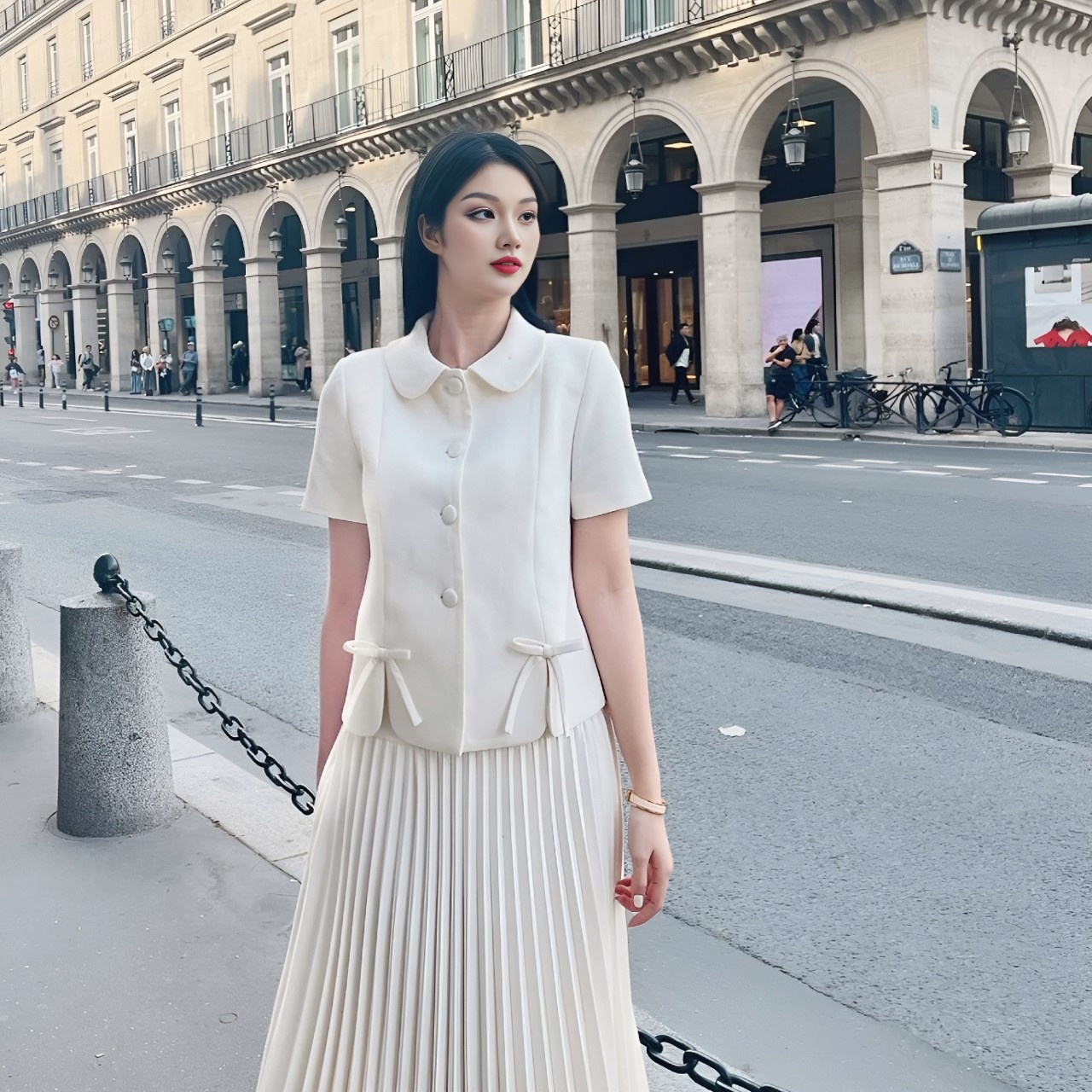 Áo vest nữ cổ sen phối nơ chất dạ text Linly Store