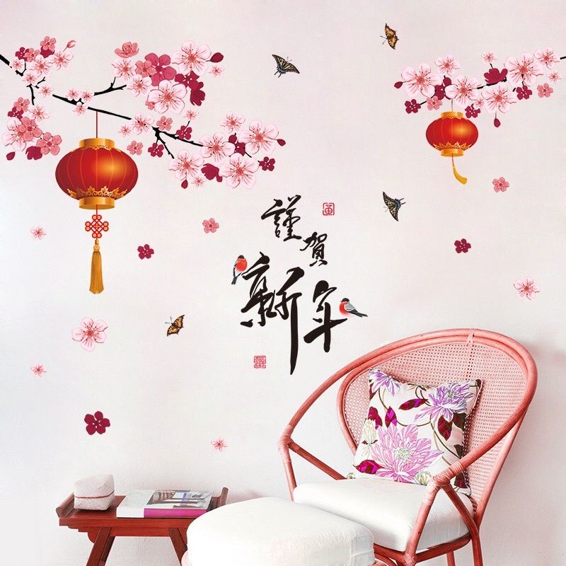 Decal trang trí tết hoa đào đèn lồng TC01