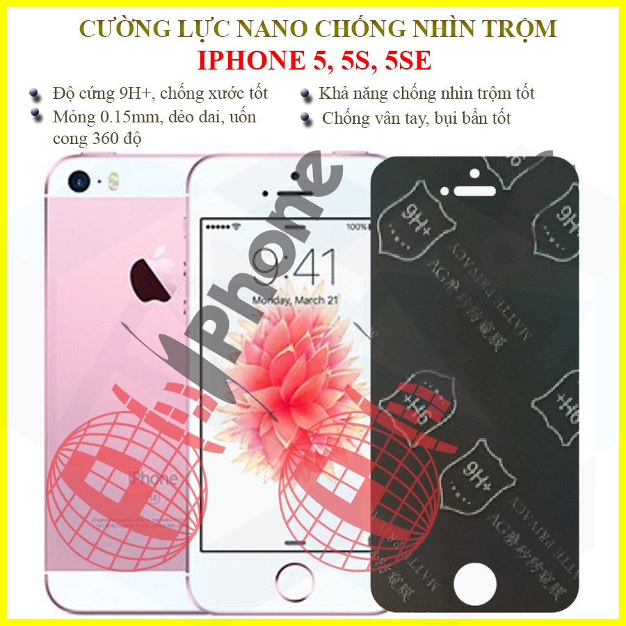 Dán chống nhìn trộm iphone 5, 5s, 5 se - dán cường lực dẻo nano 9h+