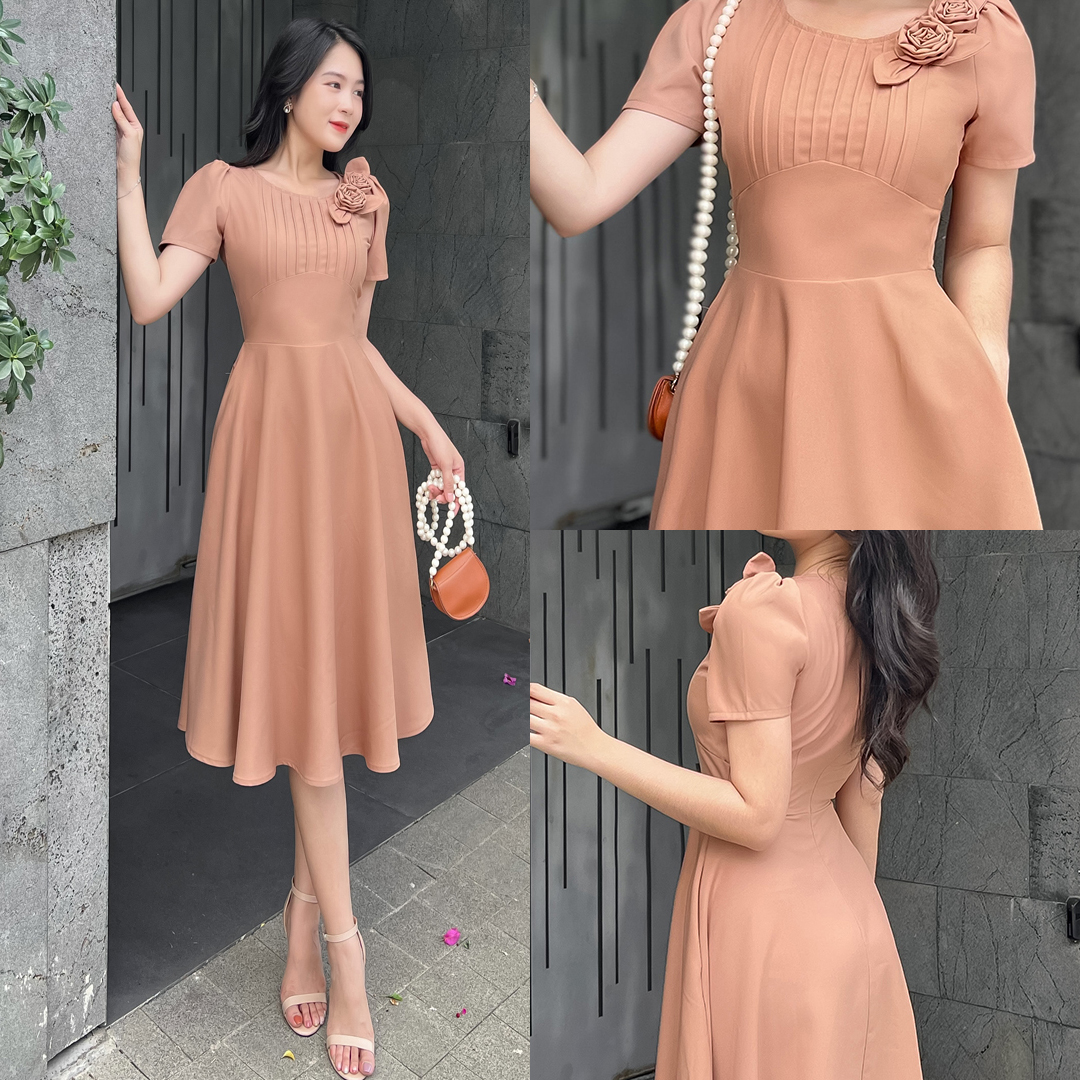 Đầm xòe xếp li ngực kết hoa vải D075 -Lady Fashion - Khánh Linh Style