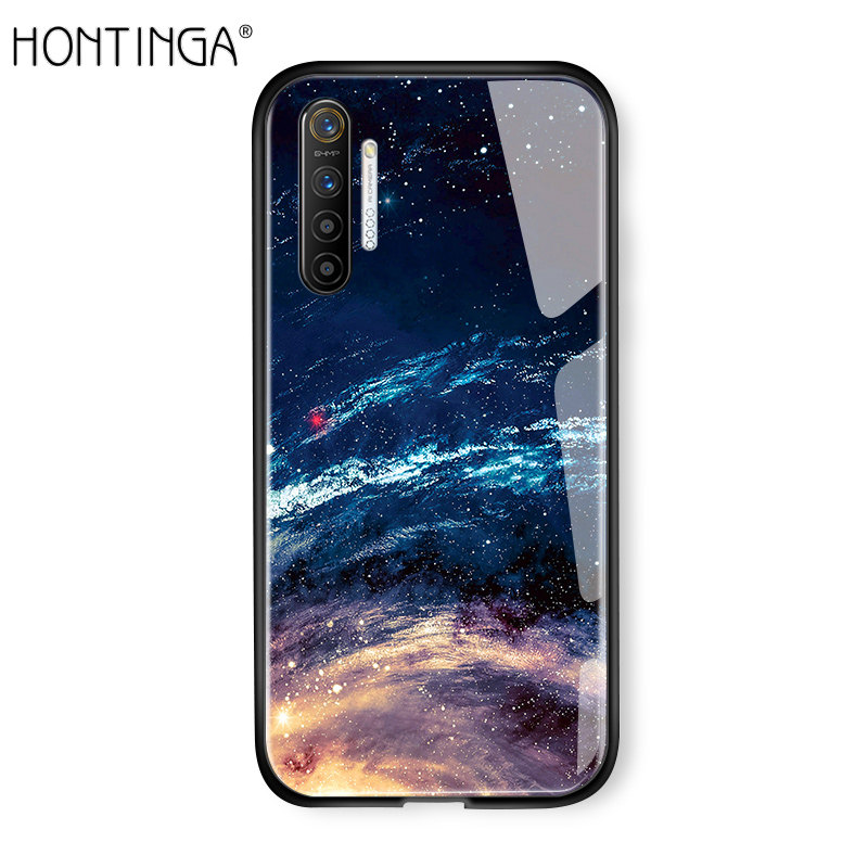 Hontinga For Realme XT Case Fantasy Space Luxury Aurora Moon Starry Elk Casingg Shockproof Galaxy Phone Cases Tempered Glass Back Cove