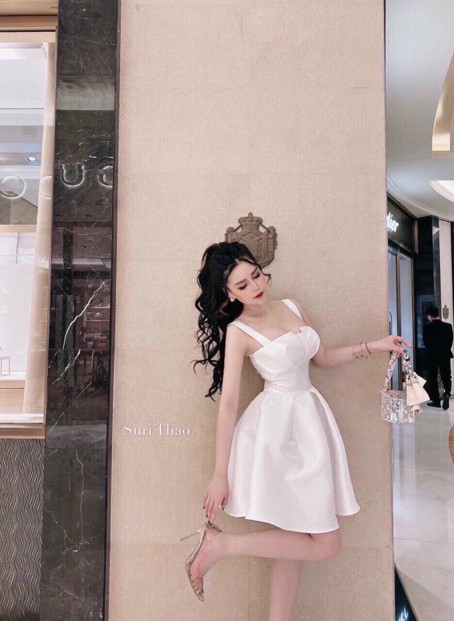 váy đầm nữ trắng xếp bèo ngực nhẹ nhàng dễ thương 2 dây xòe xếp li, dự tiệc cưới, dạo phố cực chất [vải xịn] tt2020