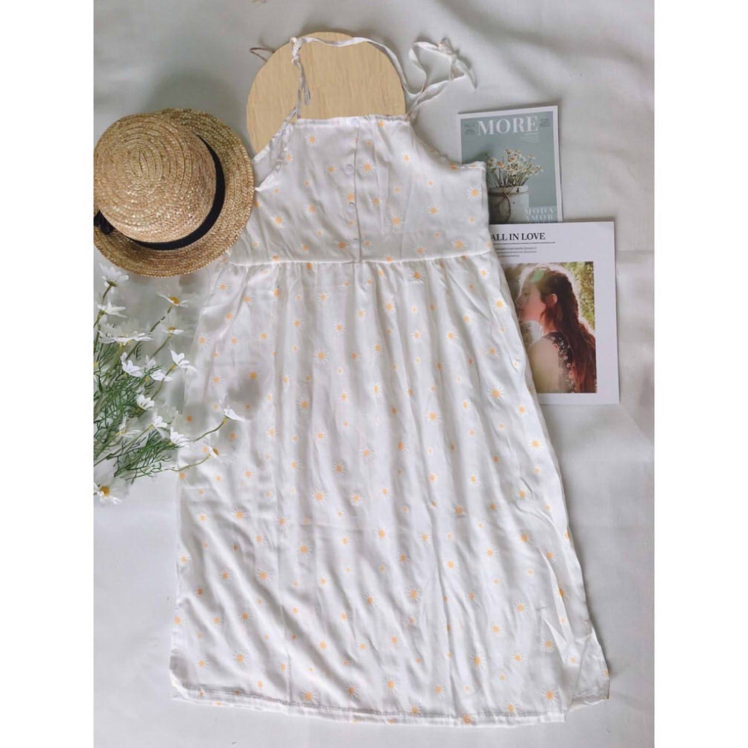 SUV002 Đầm babydoll dáng dài xòe hai dây buộc tiểu thư bánh bèo Váy 2 dây hoa nhí maxi thắt nơ vintage đi chơi đi biển