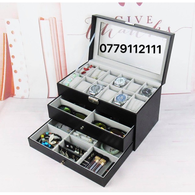 hộp đựng đồng hồ, kính mắt và trang sức thiết kế 3 tầng - hộp sz lớn