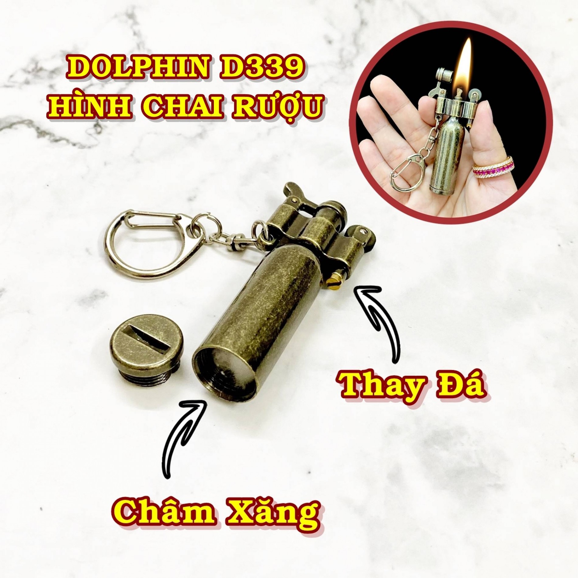 BẬT LỬA - MÓC KHÓA DOLPHIN HÌNH CHAI RƯỢU D339 XĂNG ĐÁ CỔ - (XÀI XĂNG)