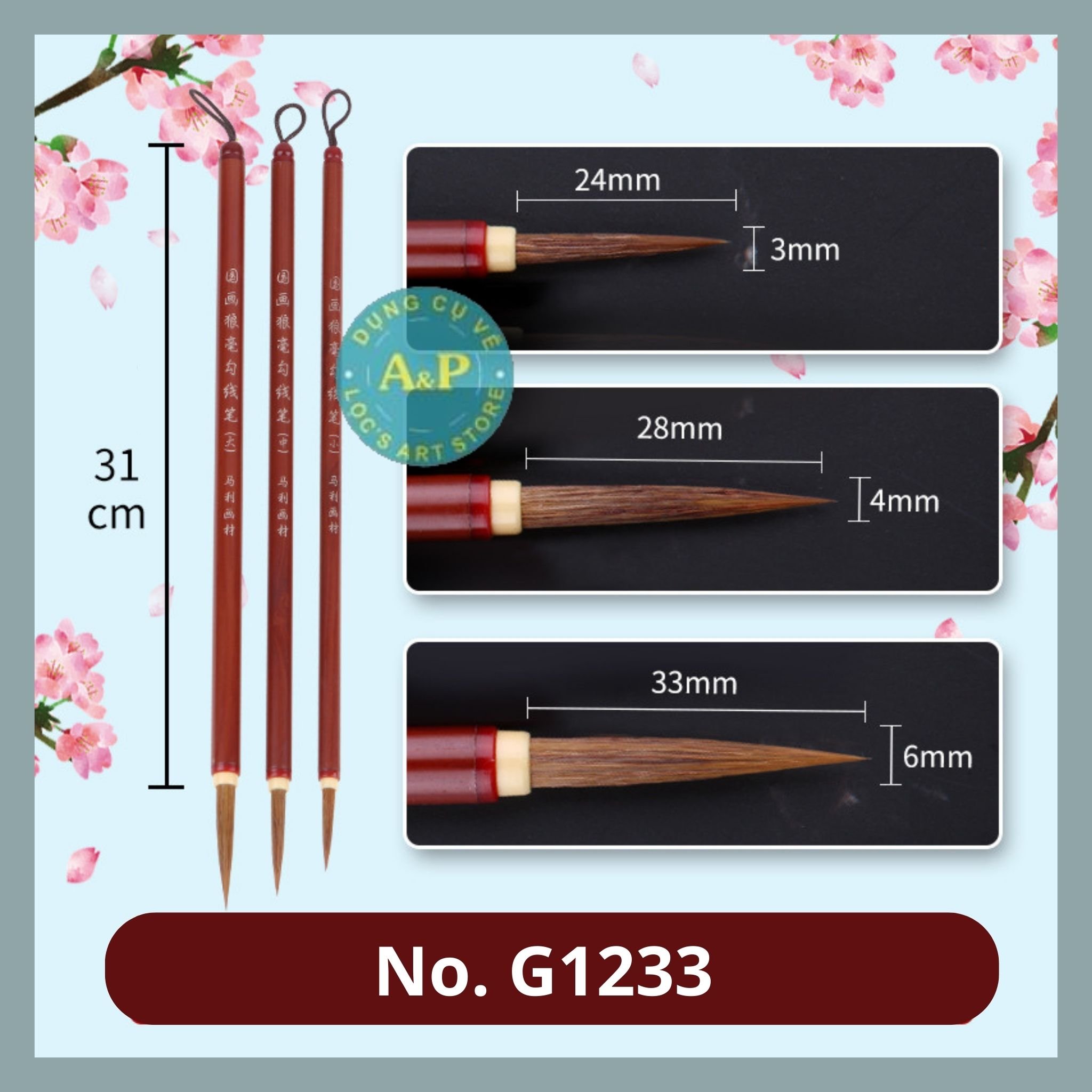 Bộ 3 Bút Cọ Thư Pháp Lông Sói Marie's dùng để viết chữ, vẽ thủy mặc, màu nước