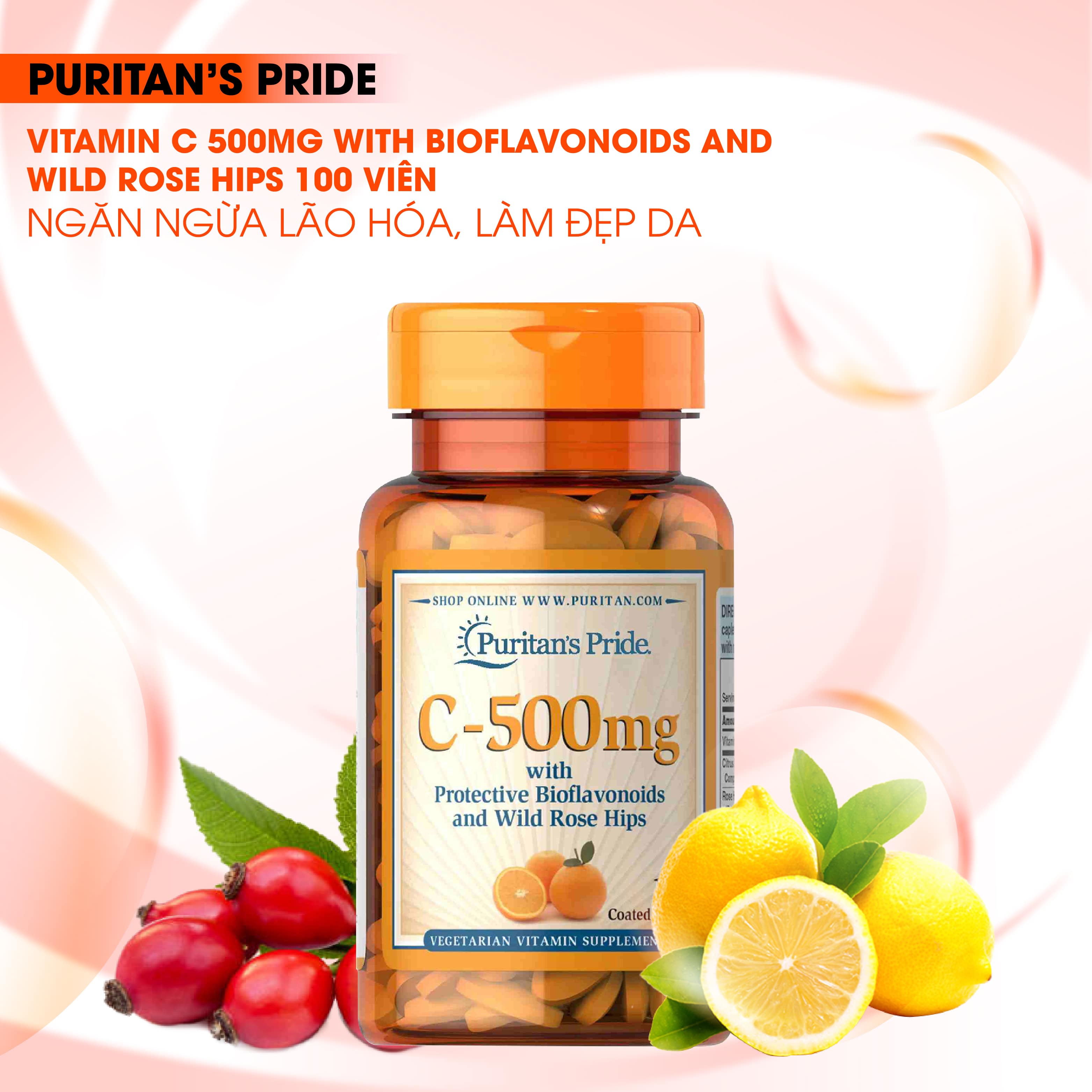 Viên bổ sung vitamin C 500mg Puritan's Pride 100 viên giúp sáng da, tăng cường đề kháng