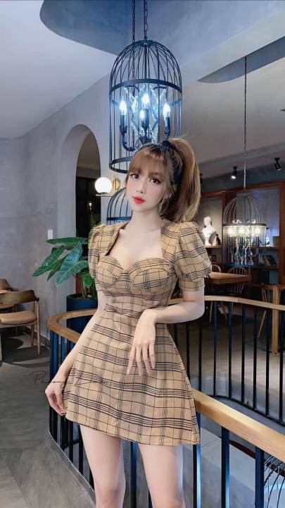 Đầm nữ cổ vuông tay ngắn, váy nữ dáng xòe họa tiết caro phối tay bồng kiểu xinh xắn thời trang nữ KEMPK chất liệu fro – No benrt >>> top1shop >>> lazada.vn
