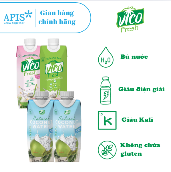 COMBO 4 HỘP NƯỚC DỪA VICO FRESH 330ML (2 NATURAL, 1 SEN, 1 DỨA)