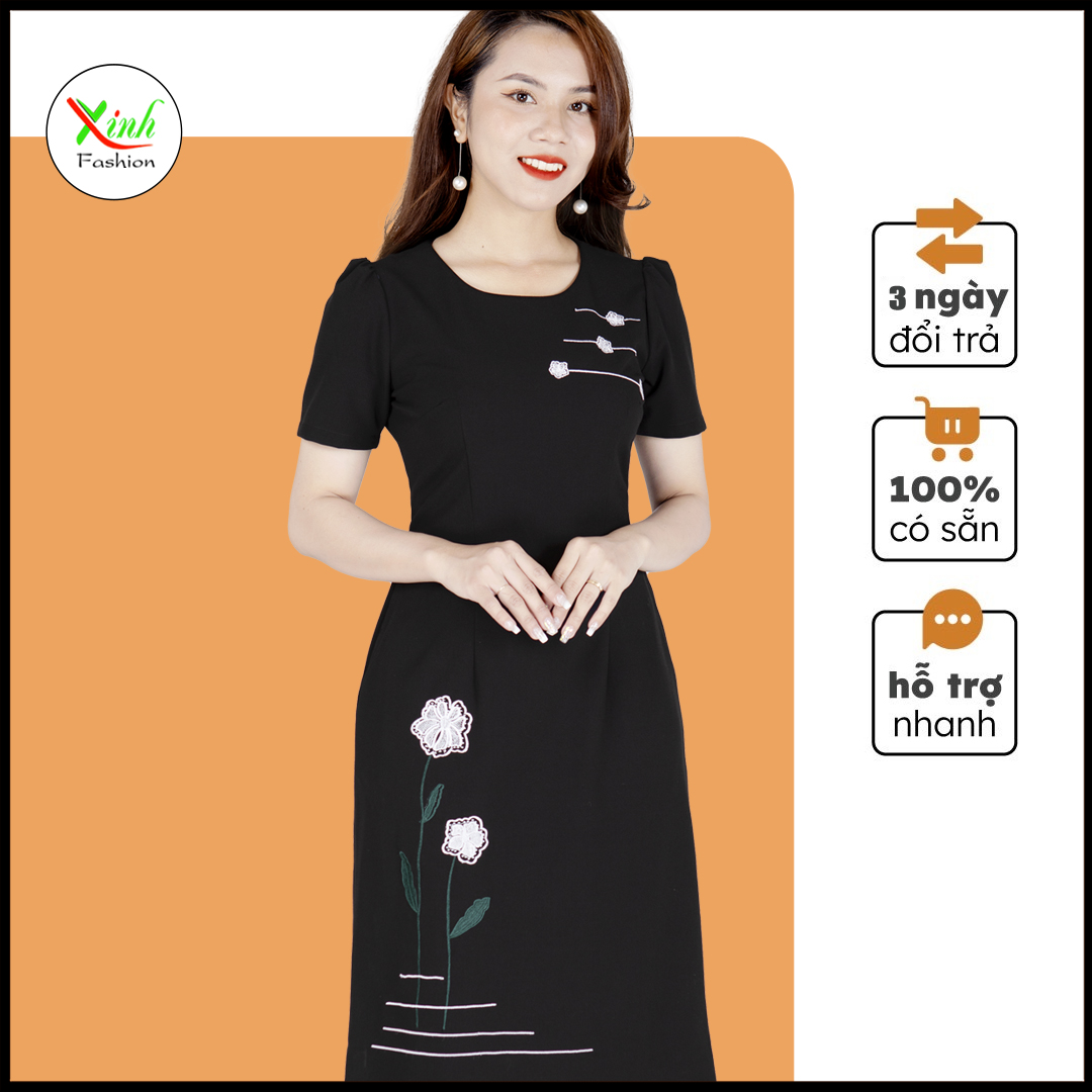Đầm Suông A Hoa Thêu Đen Tôn Da Sáng Tạo Dáng Gọn DL874