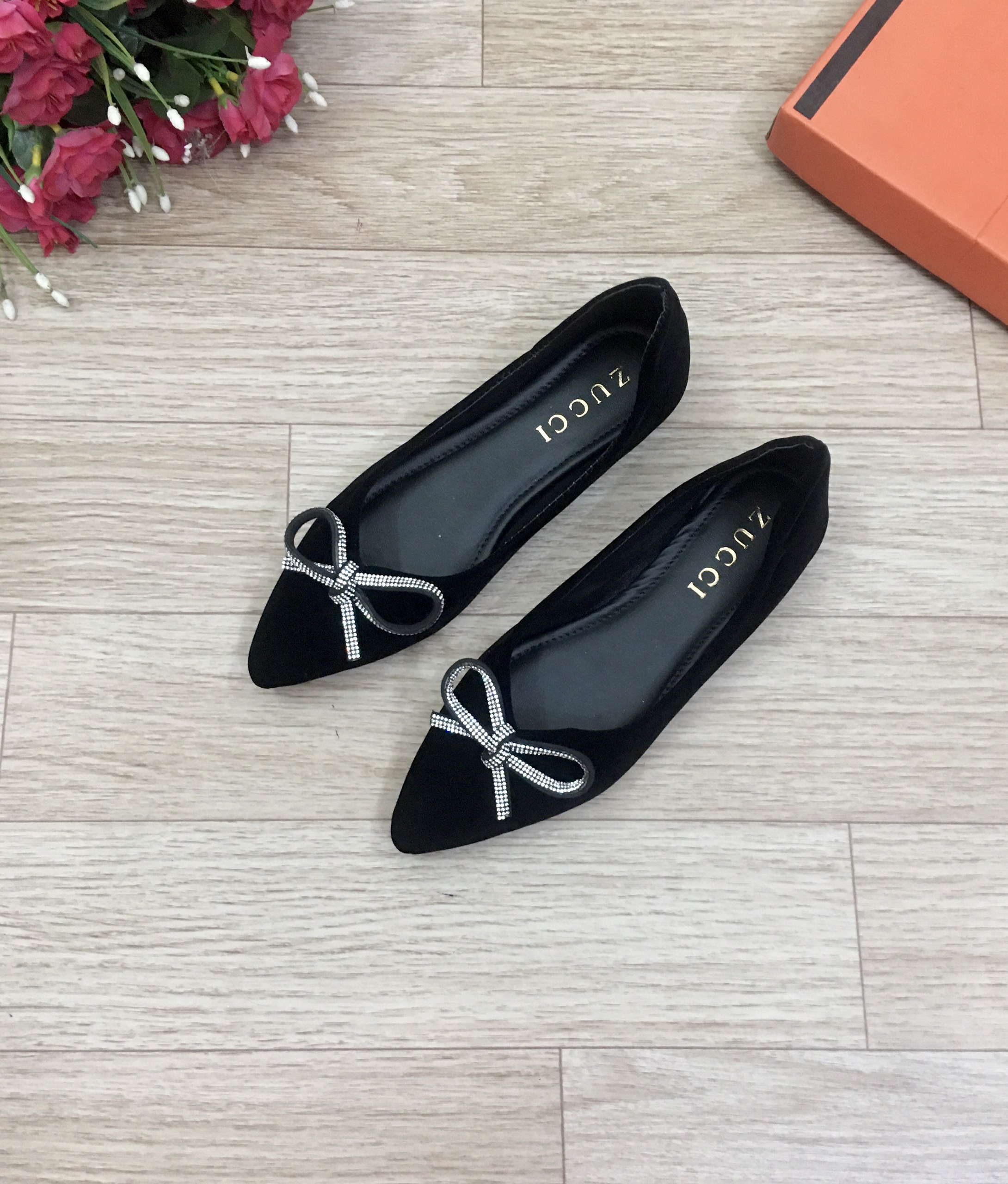 Giày búp bê nữ phối nơ đá nhỏ điệu đà