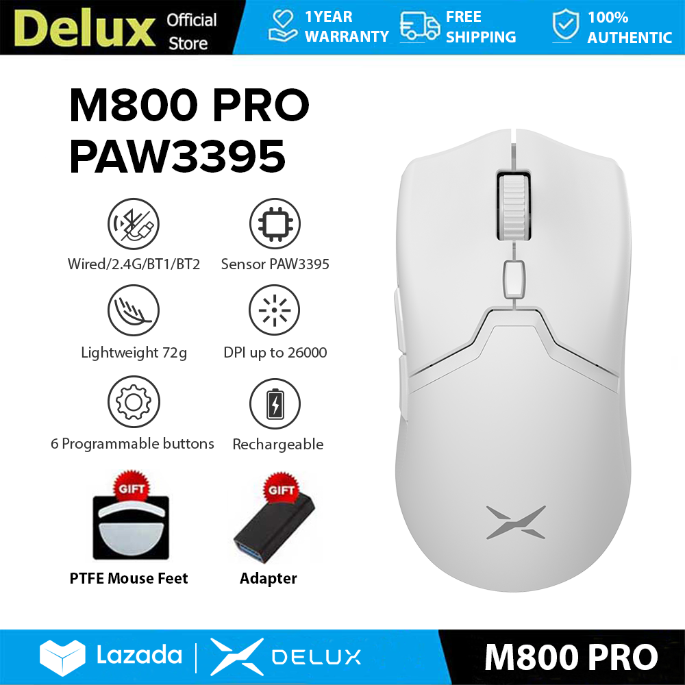 Delux M800 PRO PAW3395 Gaming Mouse DPI MAX 26000 Wired 2.4G Bluetooth Wireless Rechargeable Programmable 72g Lightweight for PC/Laptop/Windows