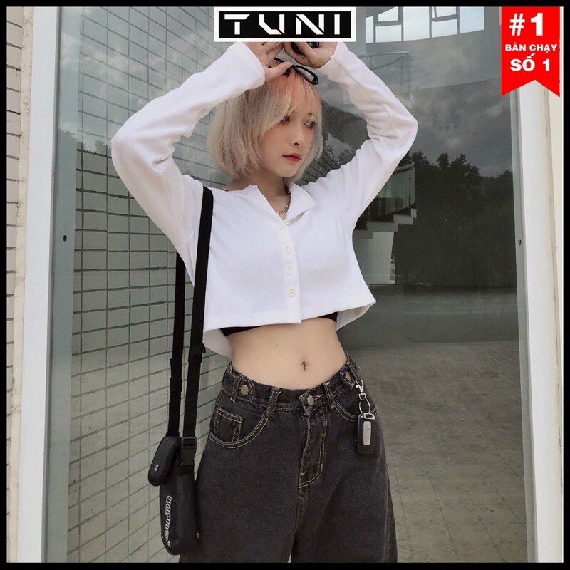 Áo Khoác Thun Gân Nút Tay Dài Thời Trang Lửng