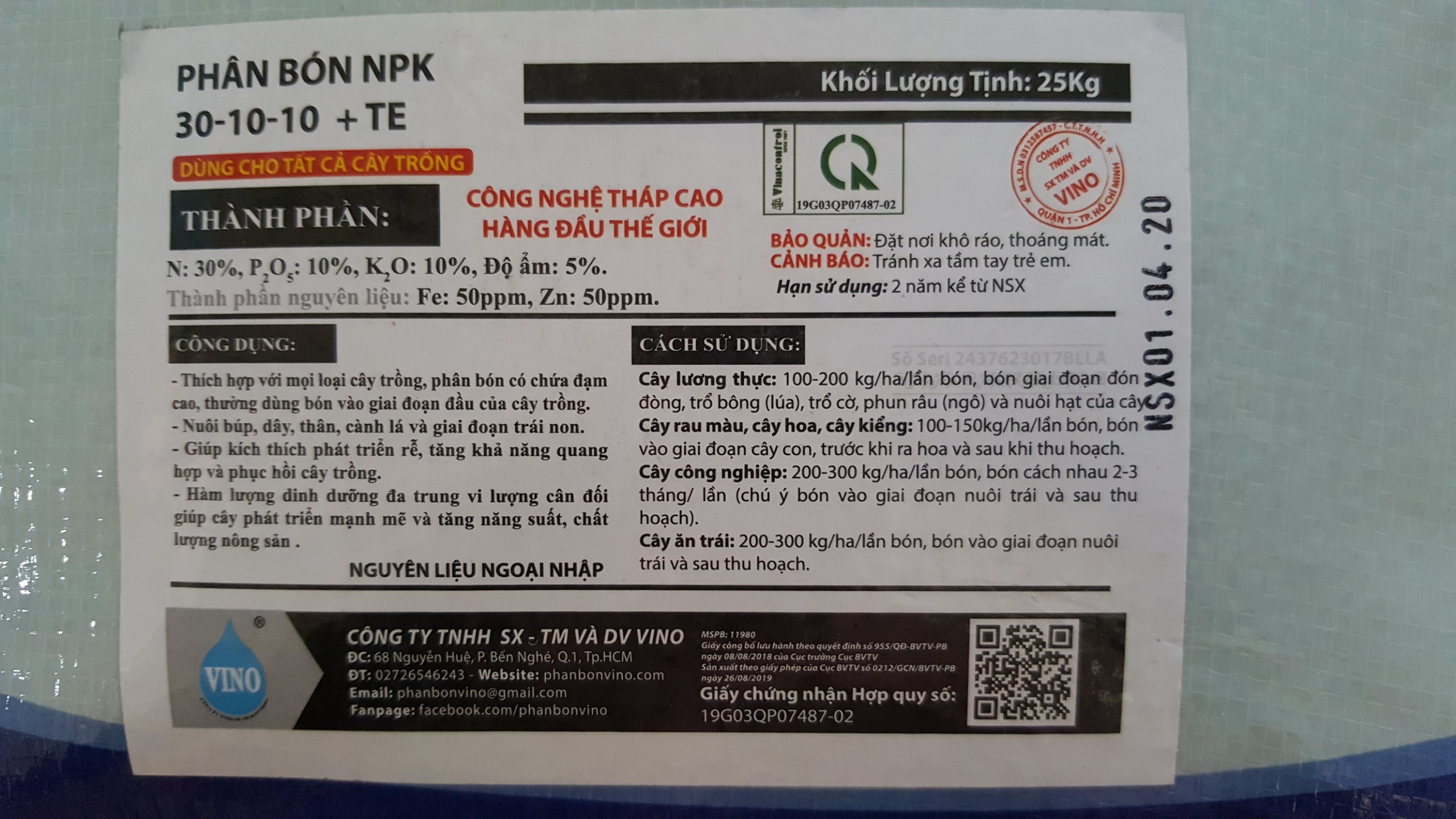 Phân bón NPK 30.10.10 - Công nghệ Đức - Túi Zip 1Kg