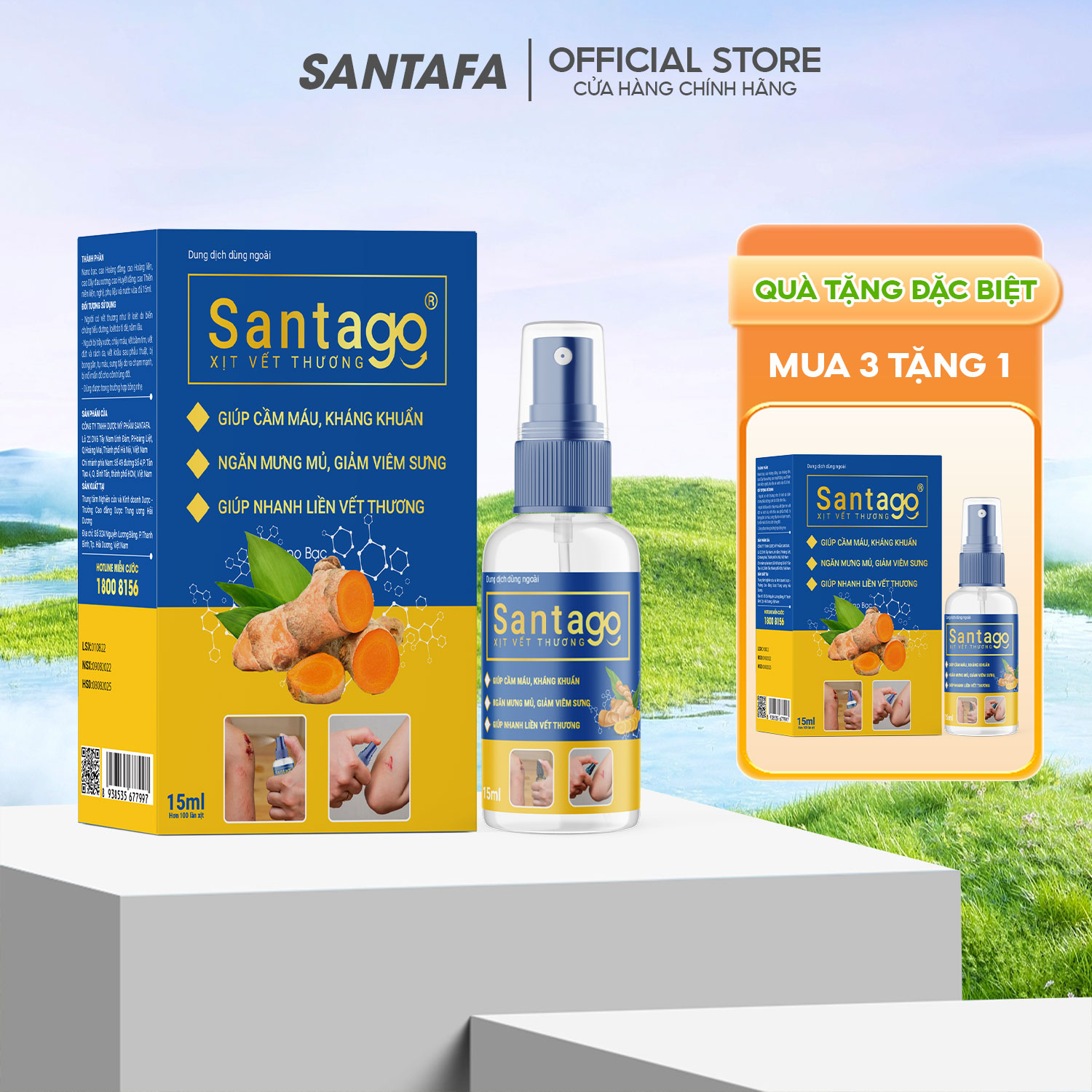 Xịt vết thương hở santago giúp sát khuẩn, nhanh lành vết thương hở công nghệ nano bạc tái tạo da bị tổn thương chai 15ml
