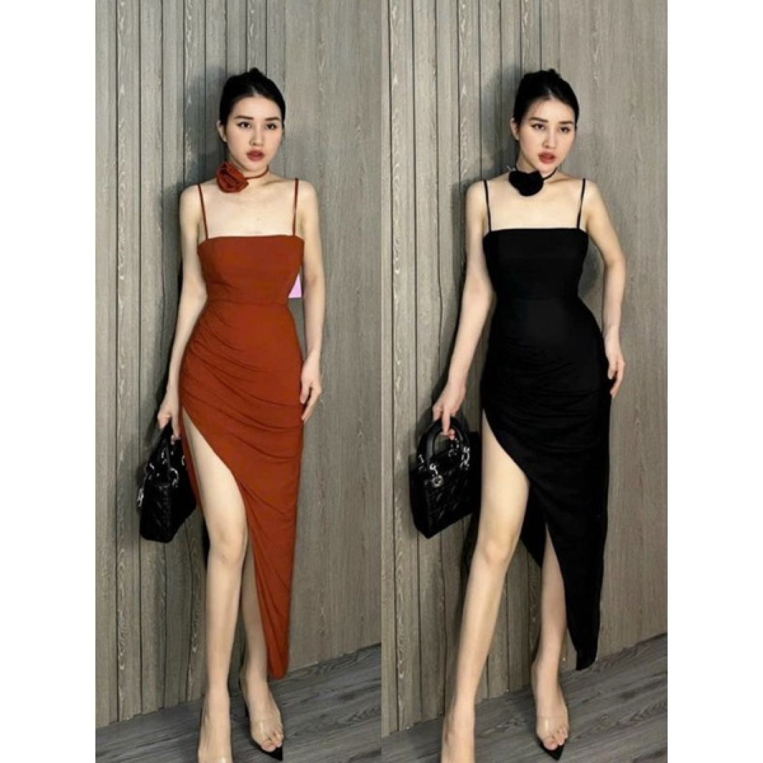 Đầm hai dây xẻ եà chéo kèm dây hoa cổ chocker - dáng dài maxi ôm body sexy - tiểu thư bánh bèo cute sang chảnh đi tiệc