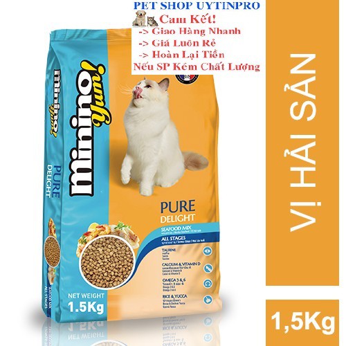 [Hoàn tiền 10%]  THỨC ĂN CHO MÈO Minino Yum dạng hạt Vị hải sản Gói 1.5kg thương hiệu pháp - Pet shop Uytinpro