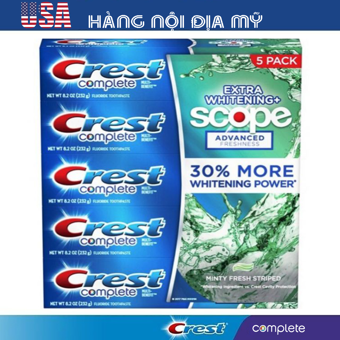 Kem đánh răng Crest Complete + Scope Advanced Active Foam 232g [HÀNG LOẠI 1, CAM KẾT KHÔNG GIẢ, HÀNG NỘI ĐỊA MỸ]