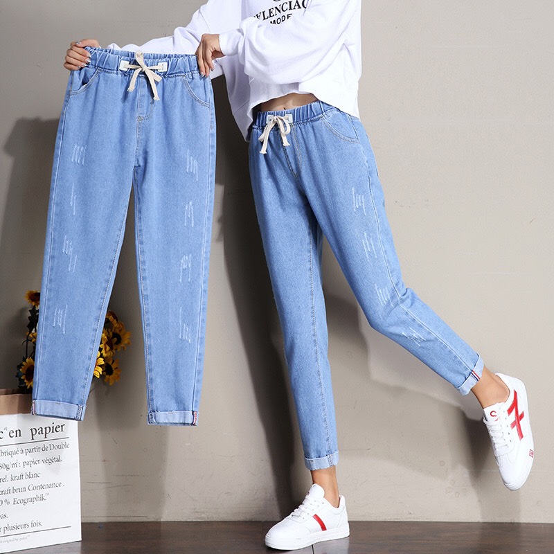 Quần jean baggy nữ 9 tấc lưng thun lai lật cào co giãn cao cấp