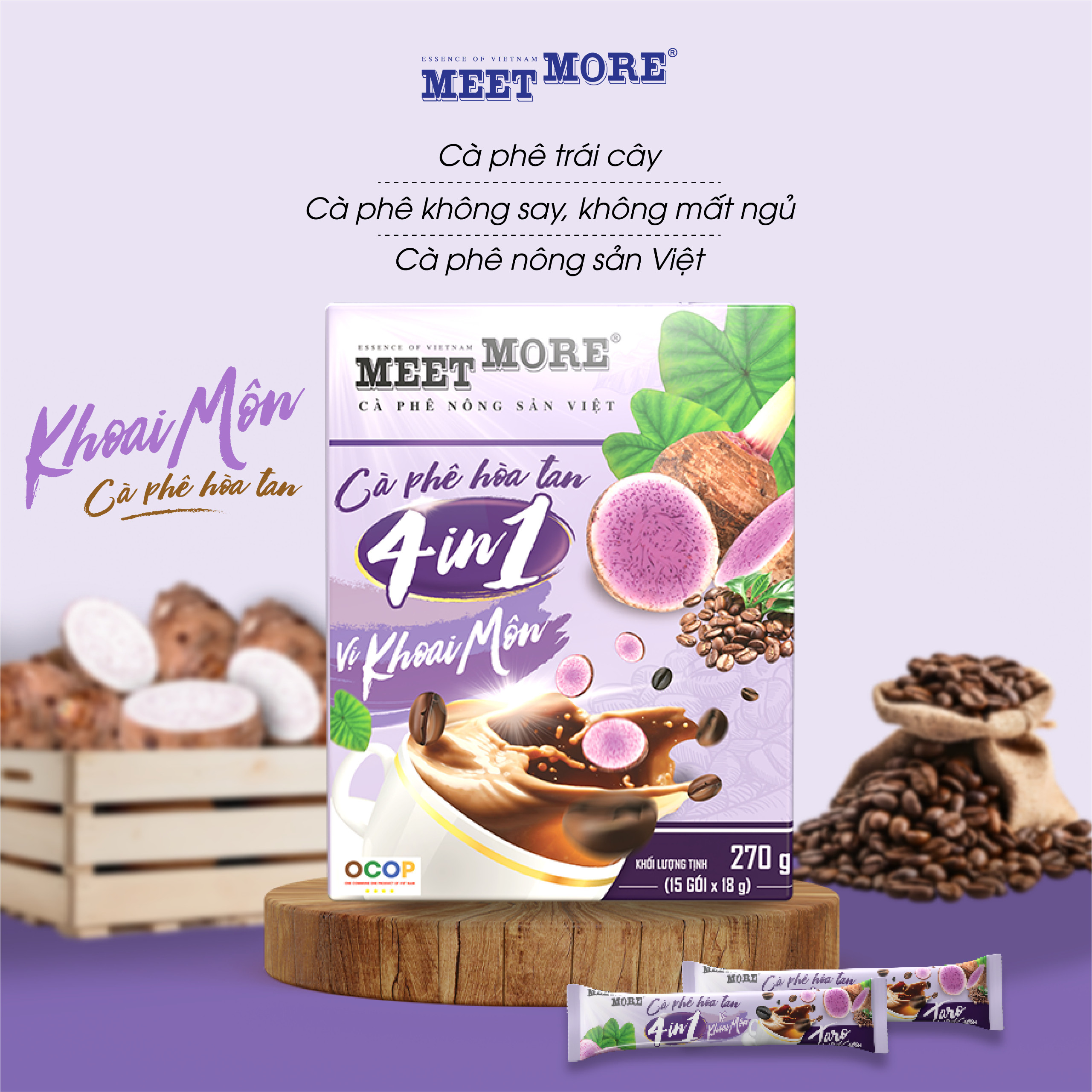Hộp Cà Phê Hòa Tan Vị Khoai Môn Meet More (15 Gói/ 18 Gram) - Cà phê nông sản Việt