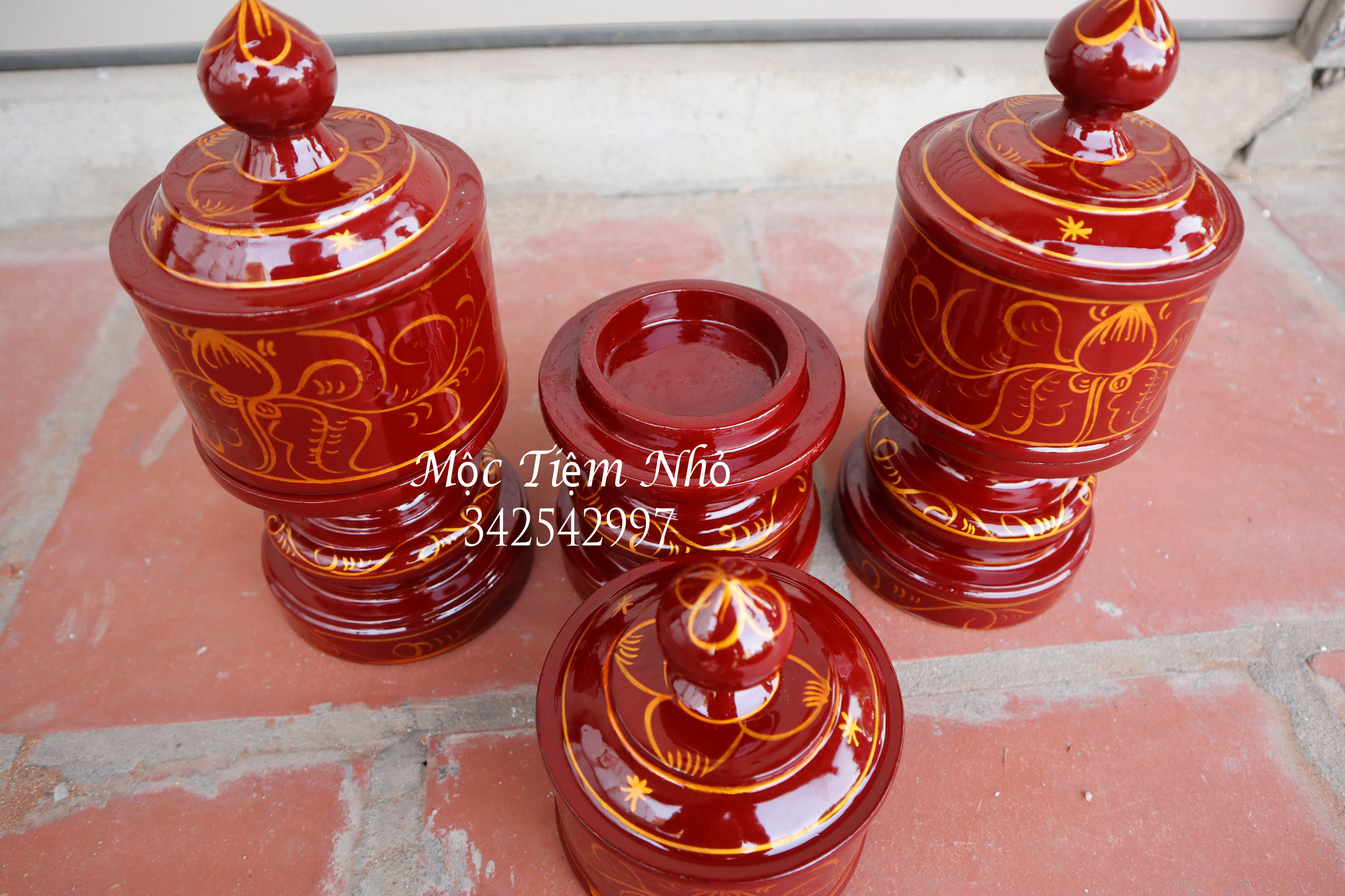 Khay chén nước gỗ mít sơn son kẻ hoa văn đài thờ gia tiên đường kính 10cm cao 18cm