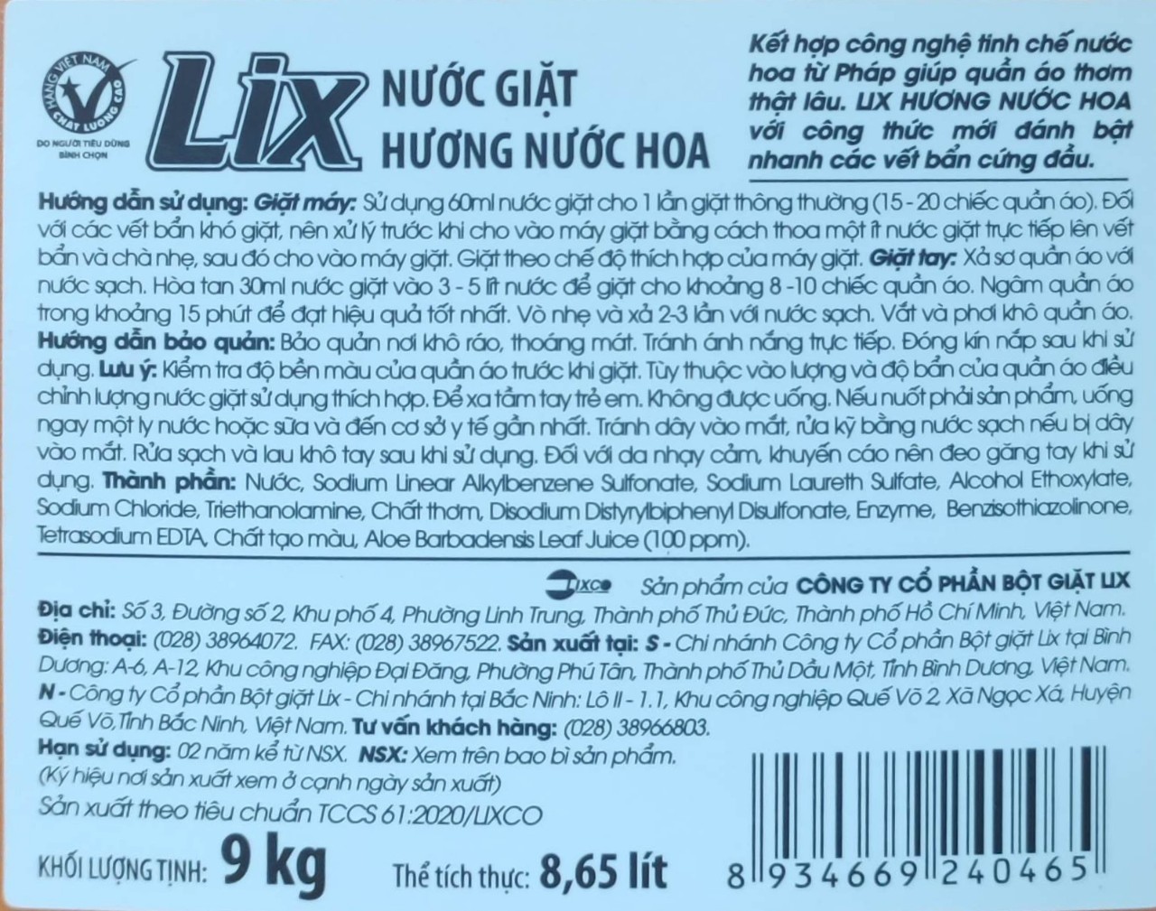 Nước giặt Lix Hương Nước Hoa 9kg