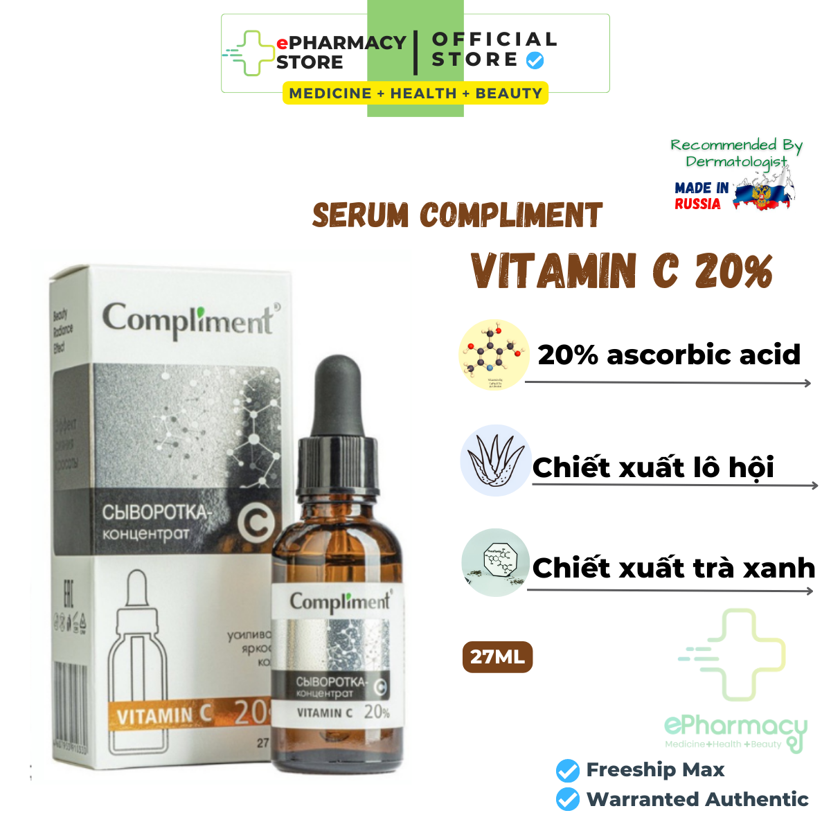 Serum Compliment Vitamin C 20% dưỡng sáng mờ thâm làm chậm quá trình lão hóa 27ml