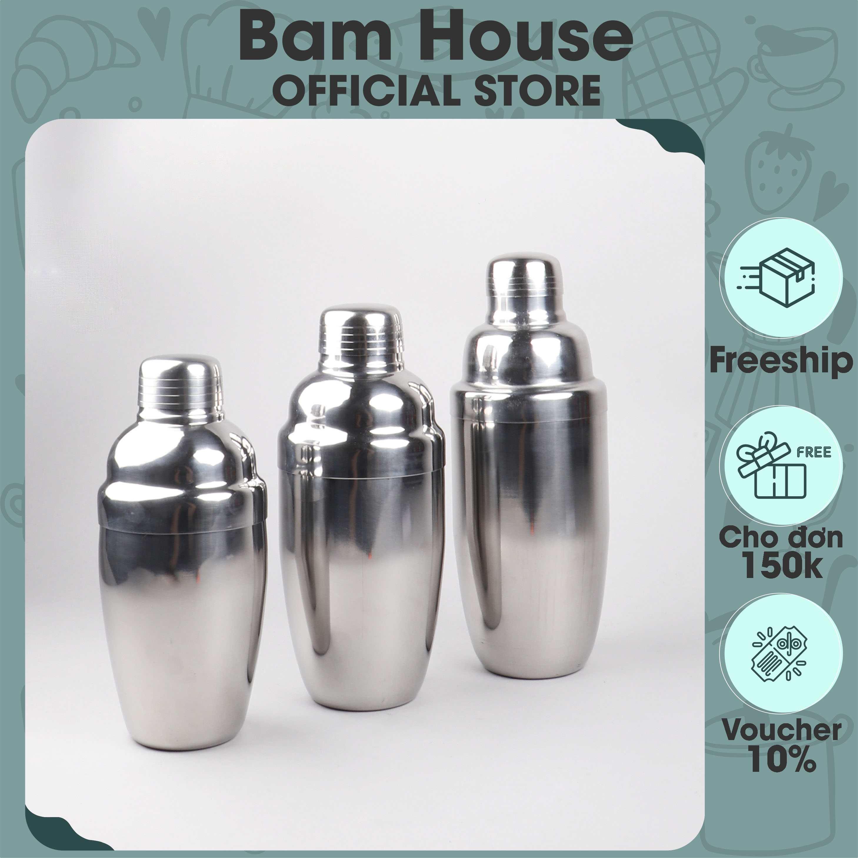 Bình lắc inox Bam House pha chế trà sữa và cocktail nhiều loại dung tích cao cấp BLI01 - Gia dụng bếp