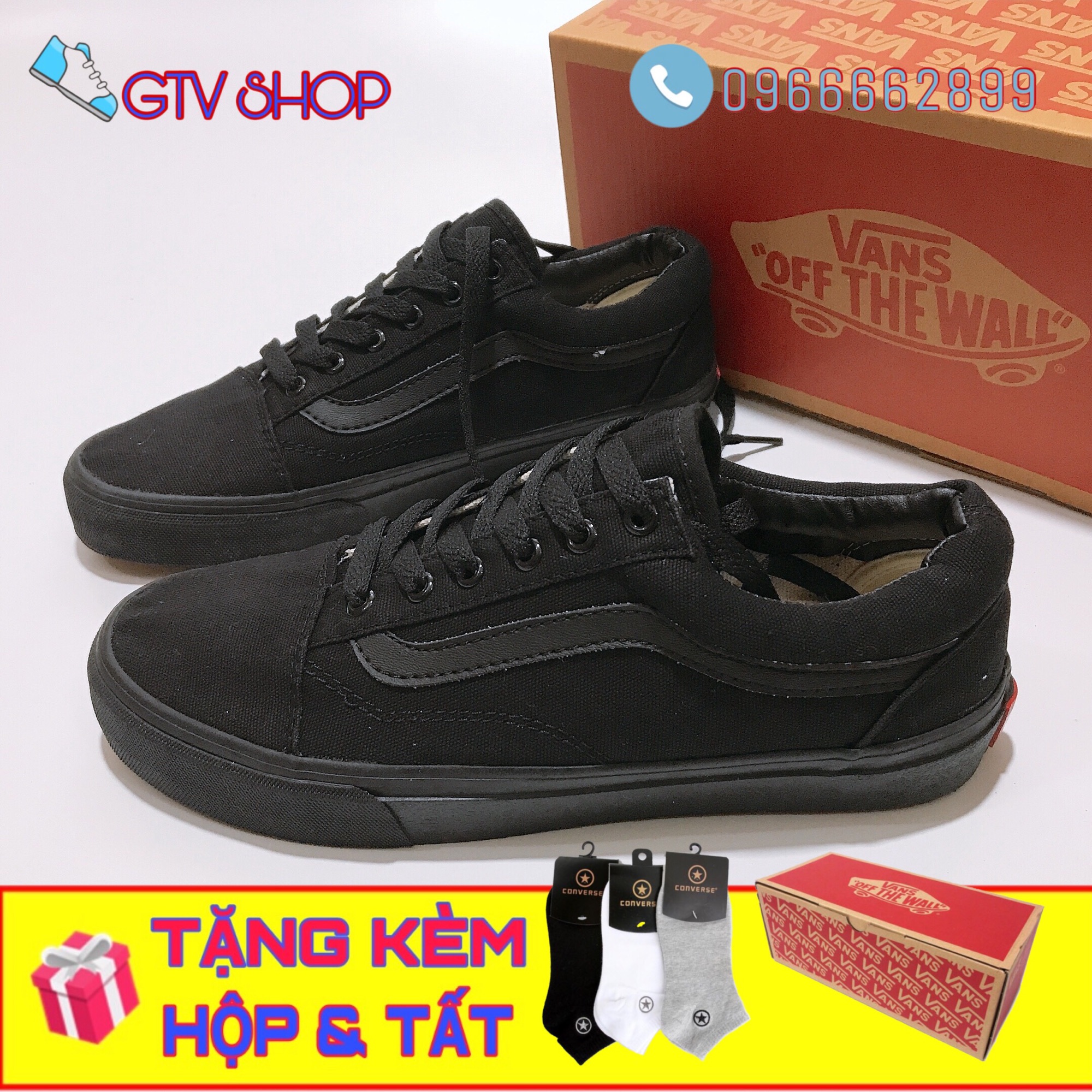 Tặng hộp và Tất - Giày thể thao nam nữ vans old skool đen full, size 36 đến 43.